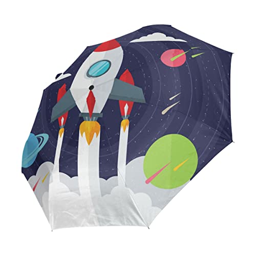 Rakete Weltraum Planet Cartoon Regenschirm Auf-Zu Automatik UV-Schutz Taschenschirm Winddichter Umbrella Klein Leicht Schirm Kompakt Schirme für Jungen Mädchen Reise Strand Frauen Cover