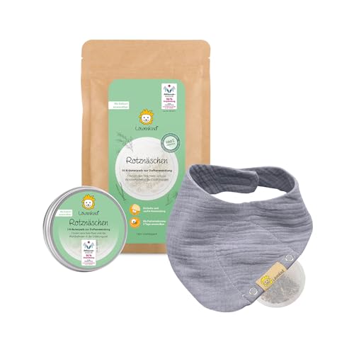 LÖWENKIND Rotznäschen-Set für die Erkältungszeit bei Babys und Kindern | Natürliche Kräuterpads ohne Zusatz ätherischer Öle Ab Geburt anwendbar Von Hebammen empfohlen 75 Tage Anwendung (Grau)