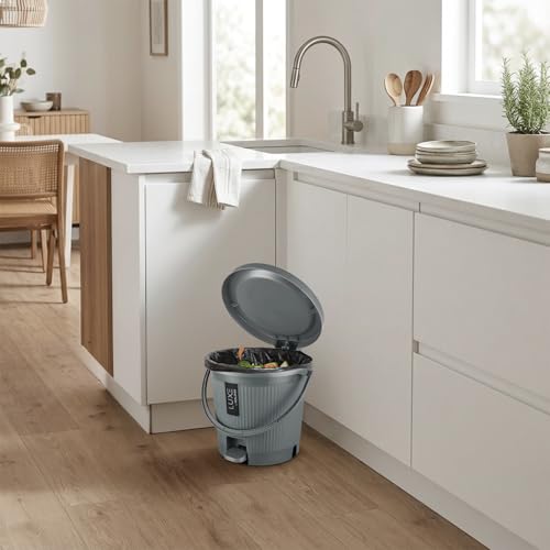 Image of KOLORR Luxe Premium Plastic Pedal Dustbin | Modern Plastic Waste Bin, Trash can with Sleek Design for Home, Kitchen, Office, Bathroom & Washroom - Small, Grey