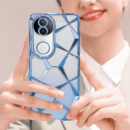 Image of VONZEE Gradient Glitter Case for VIVO V50e, Luxury Electroplated 3D Cube, Diamond Bling Shiny Soft TPU Clear Shockproof Women Girls Protective Phone Cover (Sierra Blue)