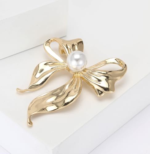 Image of Pearl Bow Knot Brooch Lapel Pin Ribbon Bowknot Pins Elegant Clothes Dress Sweater Hat Suit Backpack Corsage Accessories Brooches Fashion Birthday Christmas Jewelry Gifts for Women Mom