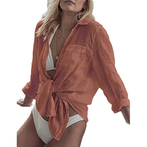 Bsubseach Women Long Sleeve Beach Shirt Blouses Bathing Suit Cover Up Button Down Collar G-rust Red