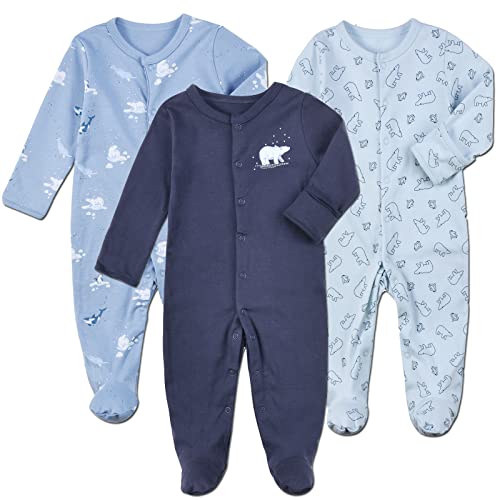 Image of Aablexema Baby Footie Pajamas with Mittens - 3 Pcs Infant Girls Boys Footed Sleeper Sleepwear Outfits(3-6M, Polar Bear(Snap))
