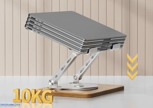 Image of FKU Wooden Laptop Stand | Mechanical Base 360 Rotating Adjustable Height Notebook Stand | Compatible Portable Desktop Bamboo Aluminum and Wooden Portable Laptop Stand with Lifting Base Holder