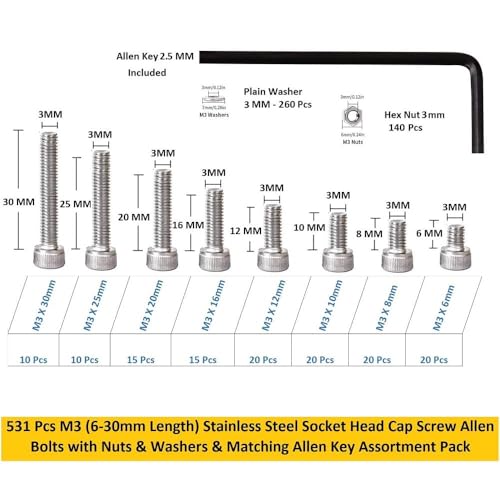 Image of Metric M3 Stainless Alloy Steel 202 Grade Socket Head Cap Screws Nuts Allen Bolt Washer with Allen Keys Assortment Kit Set with Storage Box Pack of 531 Pcs.