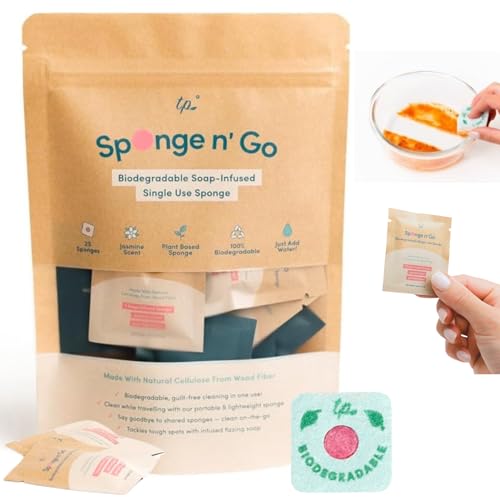 Sponge n Go: 20-Pack Mini Travel Dish Soap & Sponges | Eco-Friendly Soap-Infused Single-Use Cellulose Compressed Sponges | Your On-The-Go Cleaning Companion for Trips Camps Work