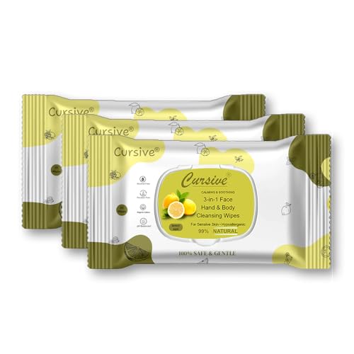 Image of Cursive Refreshing Face Wipes Daily Cleansing Facial Wipes 25 Each - Pack of 3 | with Lemon Mint & vitamin E | Mackup Removel Wipes | Paraben & Alcohol free With Lid