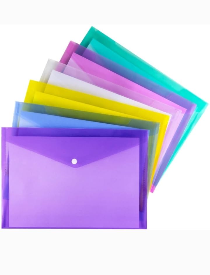 Image of ADA Envelope Design Document Certificates File Folder Bag Multicolor Holder Storage Case Snap Button Folder Clear Plastic Container for A4, FS Legal Size Papers Stationery (Pack of 5)
