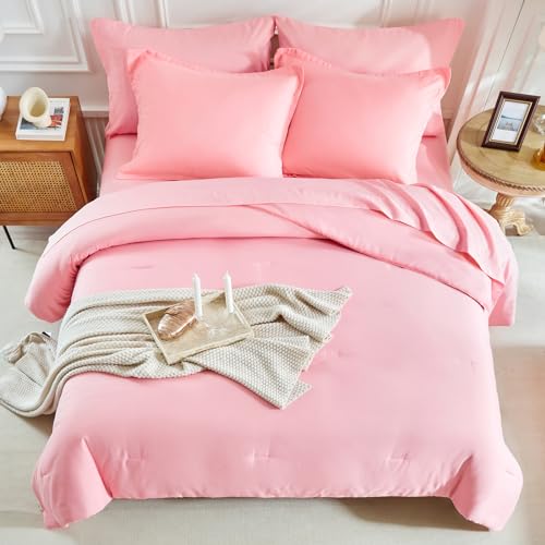 Image of Kids Comforter Sheet Set - Soft and Breathable Bed Set Includes Quilted Comforter, Fitted Sheet, Flat Top Sheet, Pillowcase and Pollowshams For Boys Girls - 6 Pieces Bed in a Bag Twin Szie Pink