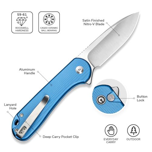 Image of CIVIVI Elementum II Pocket Folding Knife, 2.96 inch Nitro-V Steel Blade Aluminum Handle Knife with Deep Carry Pocket Clip for EDC Camping Hiking Hunting C18062PD-2, Blue