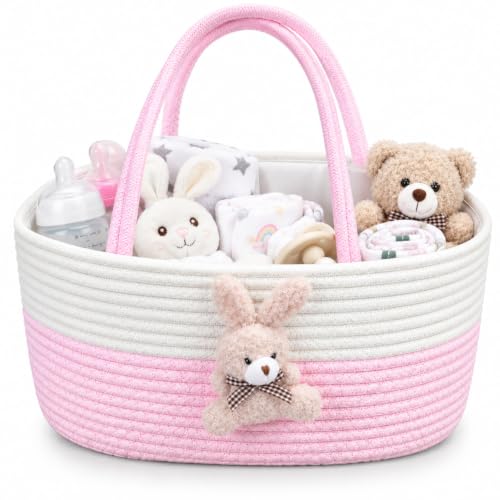 Image of House of Quirk Baby Diaper Caddy Organizer Cotton Rope Basket - Rabbit