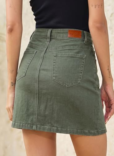Image of Sidefeel Women's Jean Skirt High Waist Drawstring Stretchy Casual Summer Loose Fit Trendy Mini Denim Skirt with Pockets
