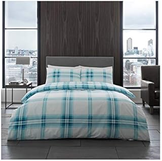 Lions Checked Bedding Set - Bardsley Check Double Duvet Cover with Pillowcase, Poly Cotton Reversible Quilt Covers, 3 Piece Soft Bed Set, Machine Washable, Button Closure, Teal