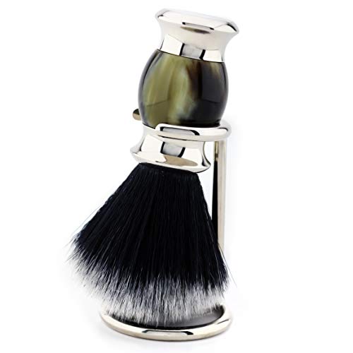 Black Synthetic Hair Shaving Brush with Horn Resin Replica Handle + Steel Holder