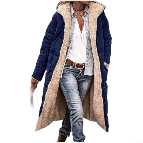 HEBEOT Chaqueta larga con capucha de invierno para mujer, abrigo cálido y grueso de doble cara, casual, color sólido, con mangas largas y bolsillos para otoño e invierno (3XL azul)