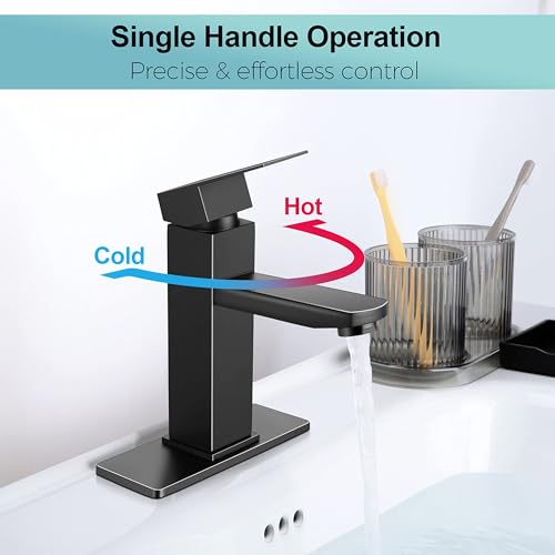 Image of Herogo Black Bathroom Faucet, Stainless Steel Modern Bathroom Sink Faucets with Pop-up Sink Drain & Deck Plate 1 or 3 Hole, Single Handle RV Washbasin Lavatory Faucet with 2 Water Hoses
