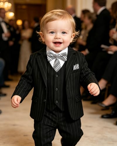 Image of Baby Boy Suits Formal Stripe Gentleman Tuxedo Suit Set Complete Dress Clothes Toddler Wedding Ring Bearer Outfit