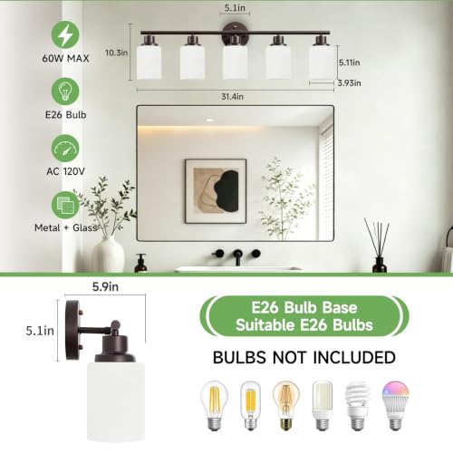 Image of 5-Light Bathroom Light Fixtures, Vanity Lights for Mirror with Textured Milky White Glass Shade, Modern Kitchen Light Fixtures Wall Sconce Light - E26 Base - Oil-Rubbed Bronze