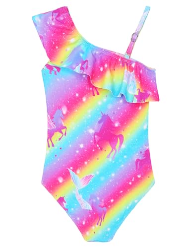Image of Snowheart Girls Swimsuit Adjustable Shoulder Strap UPF50+ One-Shoulder Ruffle Bathing Suit 3-12T