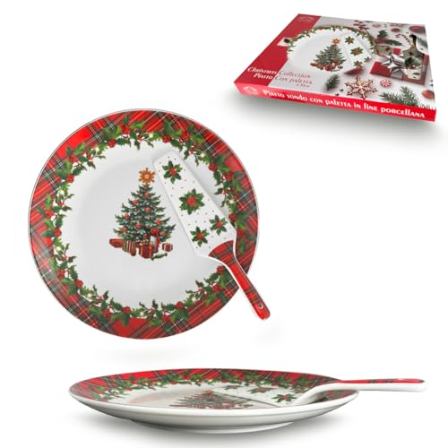 ARCA, Piatto Panettone con Paletta in Porcellana, con Decorazione Natalizia Scozzese, Resistente e Duraturo, Ideale per la Tavola, Idea Regalo di Natale, 30 cm