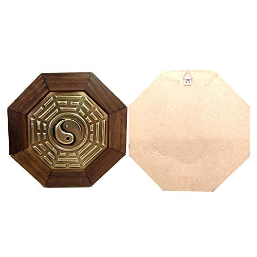 Quadro Oitavado Feng Shui Baguá do Céu Posterior Yin Yang Moldura Madeira Escura - 18cm