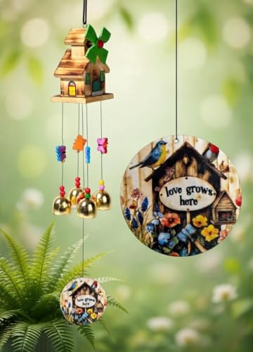 Image of PARADIGM PICTURES 4 Bell Wind Chime for Balcony Decoration, 'Love Grows Here' Pendant, Garden, Terrace Decor