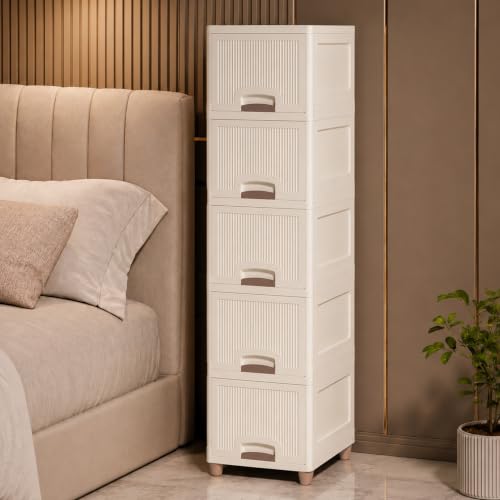 Image of 5 Tier Wardrobe Organizer | Foldable Organizer for Clothes | Stackable Cabinet & Almirah for Living Room | Kid Wardrobe for Cloth&Toys | Versatile Plastic Cupboard For Storage Organizer (Ivory)