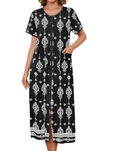 Image of Bloggerlove Zipper Front Robes for Women House Coat Half Sleeve Loungewear Long Nightgown with Pockets S-3XL