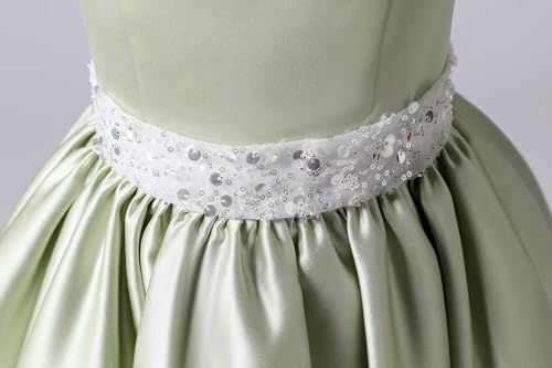 dideyttawl 2025 Girls White Sequins Belt Short Cap Sleeves Lace up Back Long Formal Satin Scoop Neck Dress3
