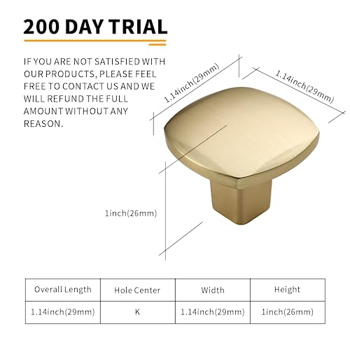 Image of 10 Pack 1 Inch Square Brushed Gold Cabinet Knobs for Cabinets & Dressers