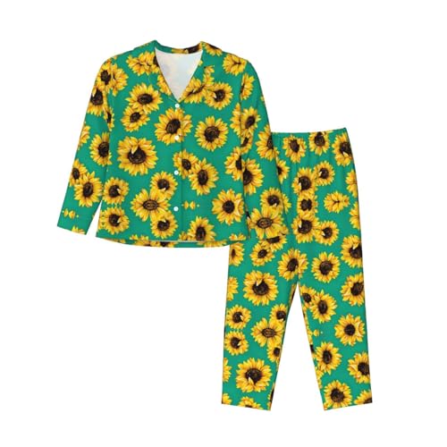 XTYGETY Primavera Girasoli Fiori Stampa Manica Lunga Pantaloni Lunghi Pigiama Per Le Donne Delle Donne Pigiama Set 2 Pezzi Accogliente Lounge Sets, Nero , M