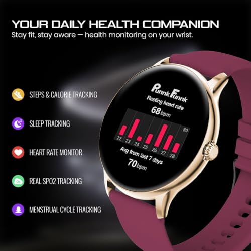 Image of PunnkFunnk Glavito Round Dial Smartwatch 1.49 inch AMOLED Display, 100+ Sports Modes, IP67, Health Tracking, Bluetooth Calling, Functional Crown Control, 100+ Watch Faces for Men & Women (Maroon)