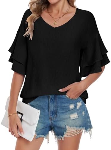 WNEEDU Womens Tops Ruffle Short Sleeve Shirts V Neck Casual Ladies Blouse Cute Basic Bell Sleeve Tees 2026 Trendy Black S - 1