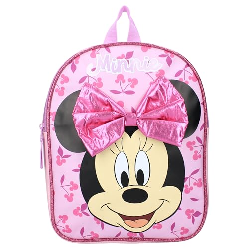 Mochila de guardería personalizada Disney Minnie Mouse con nombre niña | Mochila pequeña para niños con lazo grande y lunares, Cerezas Rosa, S