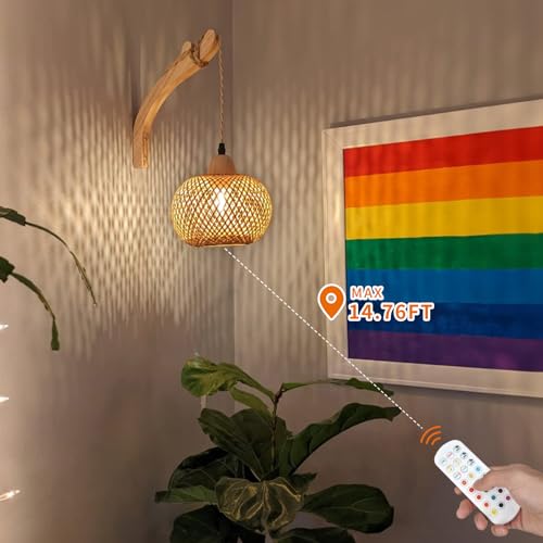 Image of Frideko Boho Rechargeable Battery Operated Wall Sconces Set of Two with Remote, RGB 15 Colors Dimmable Wireless Wall Light, Bamboo Indoor Wall Lamp with 3 Timer, Rattan Wall Lighting for Bedroom