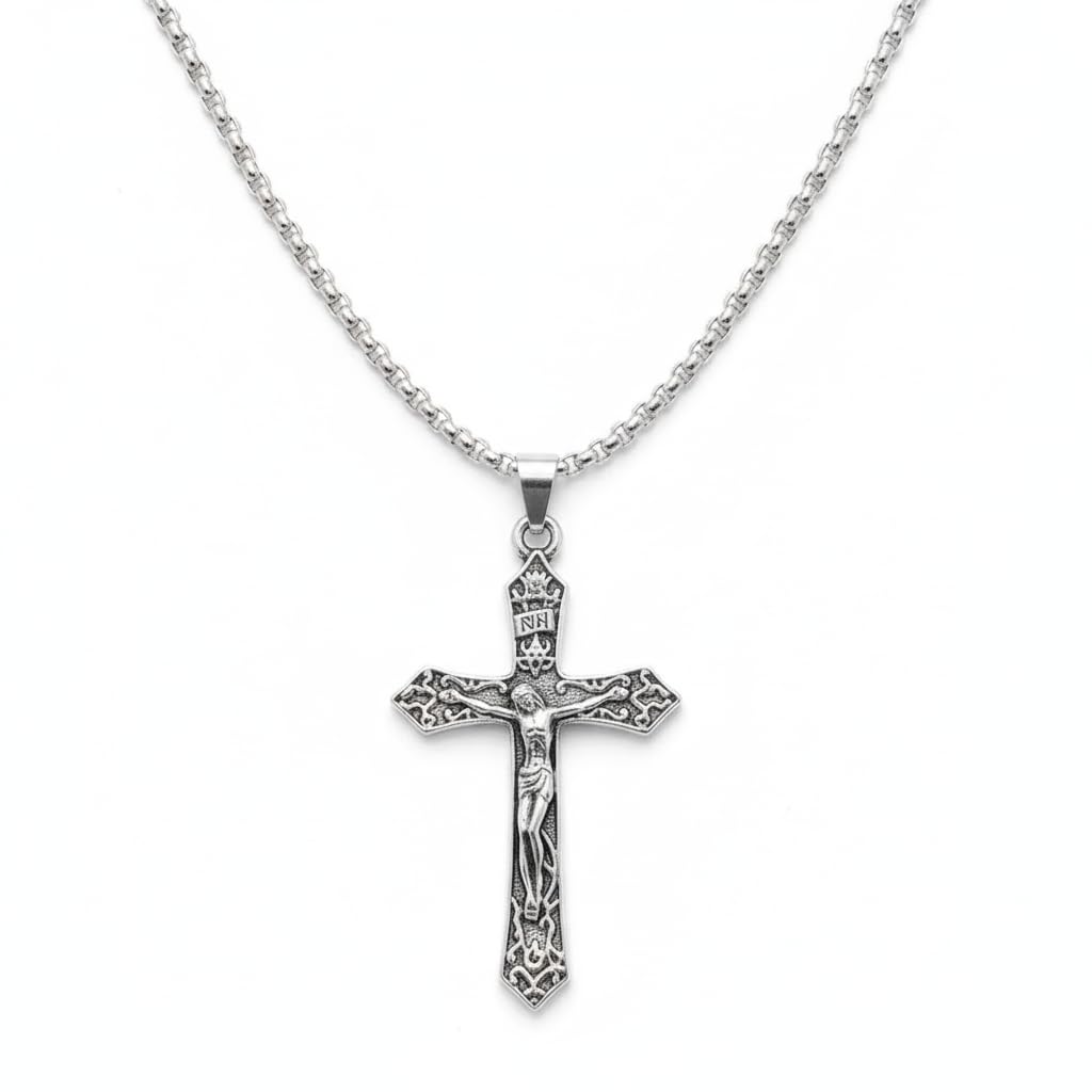 m men style Jesus Crucifix Pendant Necklace for Men & Women | Silver Christian Cross Necklace with Chain | Religious Faith Jewelry Gift Metal SPnL202602-picture-55