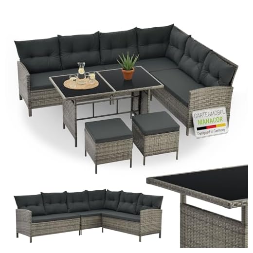 Juskys Polyrattan Lounge Manacor mit Ecksofa, Esstisch, 2 Hocker & Kissen - wetterfest bis 7 Personen - Bezüge waschbar - Rattan Garten Sitzgruppe Gartenlounge Gartenmöbel Set - Grau-meliert