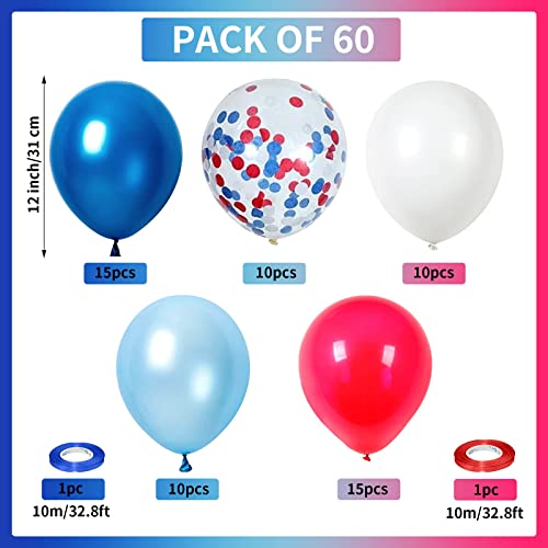 Image of Red White Blue 4th of July Balloons, 60pcs Pearl Navy Light Blue Red White Confetti Latex Patriotic Balloons for Veterans Memorial Independence Day Baseball Nautical Birthday Party Decorations