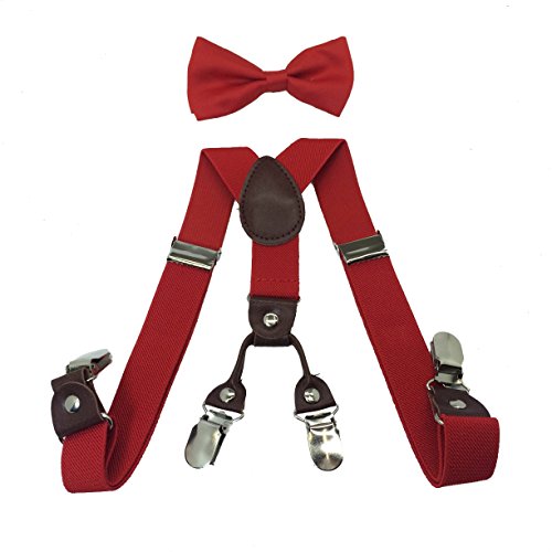 Boys Girls Kids Child Children 4 Clips Special Design Elastic Suspenders & Bow Tie (Red)