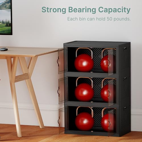 Image of UAMFURI 144QT Lockable Storage Bins with Lids - Stackable Storage Cabinet with Doors and Wheels, Collapsible Plastic Organizer and Containers for Closets, Office, 3 Pack Cubes