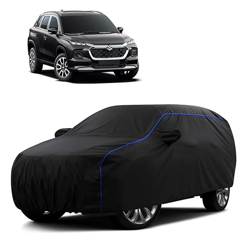 Image of Sulfar 100% Water Resistant Car Body Cover Compatible with Mirror for Maruti Suzuki Grand Vitara (Triple Stitched, Full Bottom Elastic, Black Tafetta with Blue Piping)