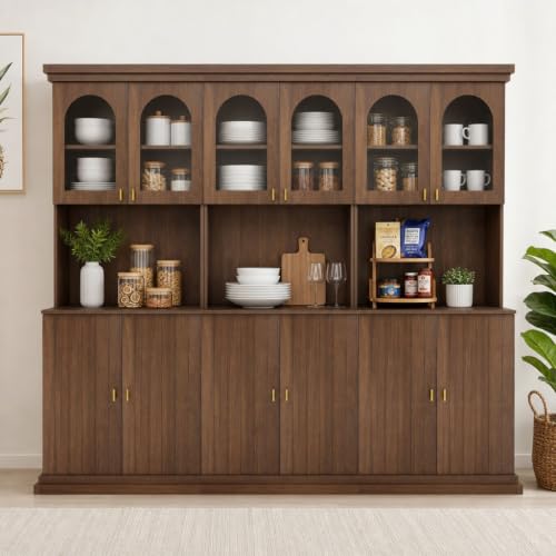 Image of ivaniti 71 inch Farmhouse Kitchen Pantry Cabinet Set of 3 with Arched Glass Doors, Dark Brown Freestanding Coffee Bar Hutch with Microwave Stand and Adjustable Shelves for Kitchen