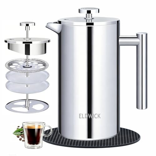 ELDWICK Cafetiere 1 Cup 350ml French Press Coffee Maker 304 Stainless Steel Double Wall Insulated Coffee Press with 4 Layer Filter and Heat Resistant Silicone Mat for Home Office and Travel Silver