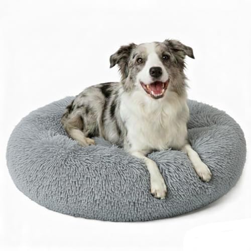 Large Donut Washable Dog Bed for Medium Dog,Round Soft Cat Cuddler for Calming, Anti-Anxiety Cozy Sofa, Fluffy Faux Fur Plush Cushion-31''-Grey