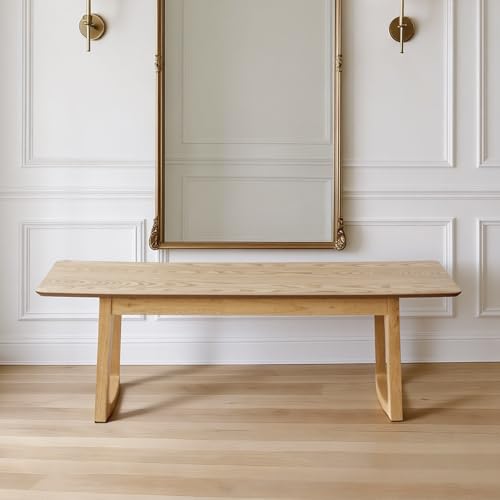 Image of HNY Farmhouse Dining Bench, Solid Entryway Bench, 55 Inch Long Wooden Bench, Kitchen Dining Seat for Entryway /Dining Room /Kitchen /Living Room, Oak
