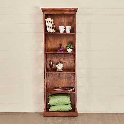 Image of Moracco Solid Wood Bookshelf - 5 Shelf Designer Floor Standing Bookcase with Mango Wood and Honey Finish for Home and Office Library Ideal for Home Decor