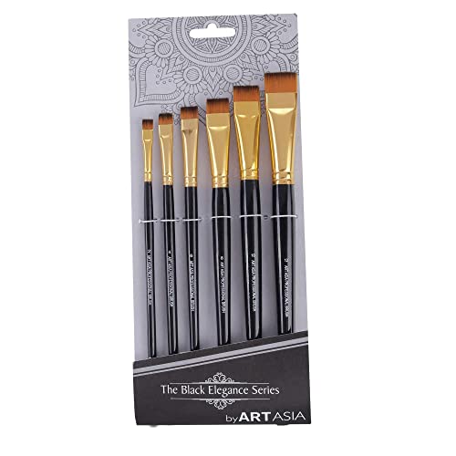 Image of Art Asia Wood Short Hair Flat Synthetic Painting Brush Set of 6pc for Watercolor,Acrylic & One Stroke Painting