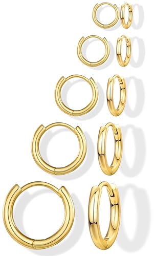 Gokeey 14K Gold Plated Small Gold Huggie Hoop Earrings for Women, Hypoallergenic Lightweight Minimalist Hoops Earrings Sets for Cartilage Earrings Piercings Stack Set Jewelry 6mm 8mm 10mm 12mm 14mm