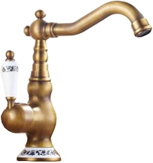 Grifo de lavabo de cocina de baño de latón antiguo, grifos mezcladores de lavabo de tocador con grúa fría y caliente, mango de porcelana azul y blanco (Color : Short)