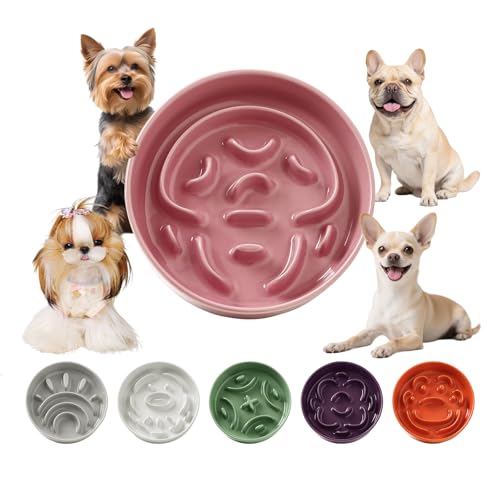 Ceramic Dog Slow Feeder Bowl - Small Dog Food Dish with Maze Puzzle Design - Slow Eating Puzzle Feeder for Pet Feed & Food Control - Whisker-Friendly Bowl for Cat Feeding - 6.3 Inch - 180 g - Pink